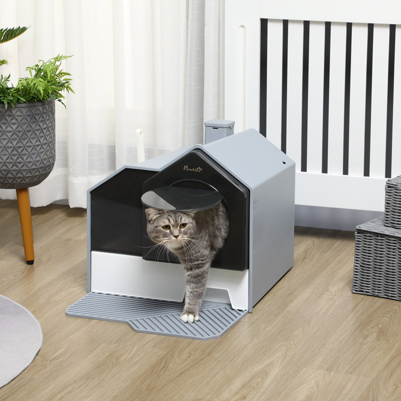 Tucker Murphy Pet Hooded Cat Litter Box Kitty Litter Pan With Litter Particle Catching Drawer Type Pan Scoop Odor Control Front Entrance Handle Easy Cleaning Gray Wayfair
